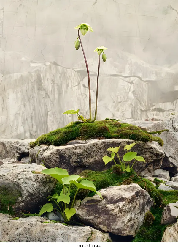 Two Small White Flowers Growing on Rocks With Moss