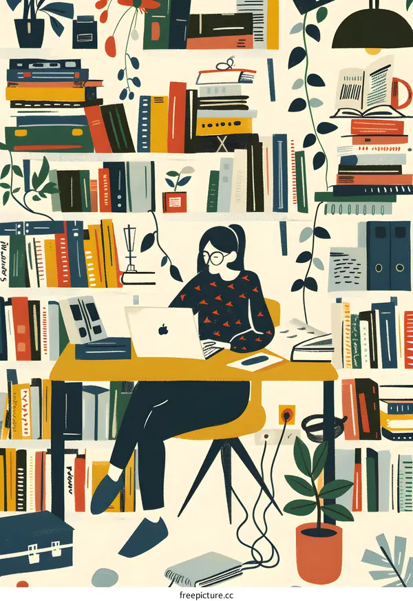 Woman Working at a Desk Surrounded by Books