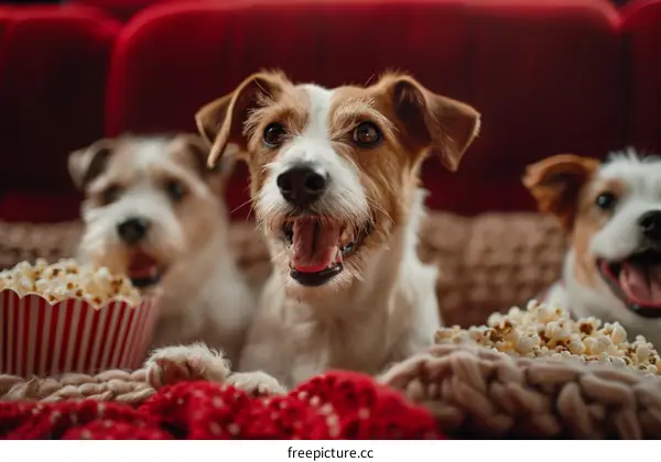 Three happy dogs watching a movie