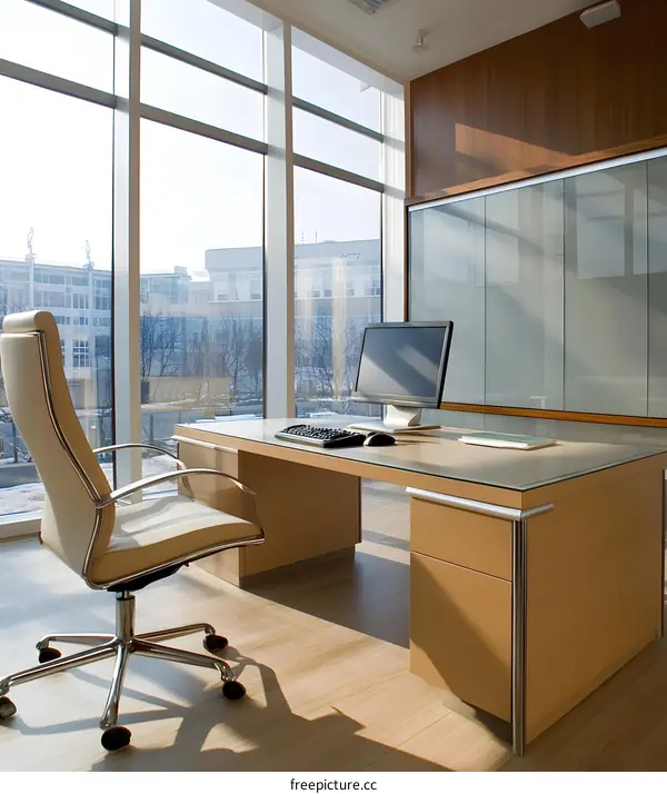 Modern Office Desk with Glass Top and City View