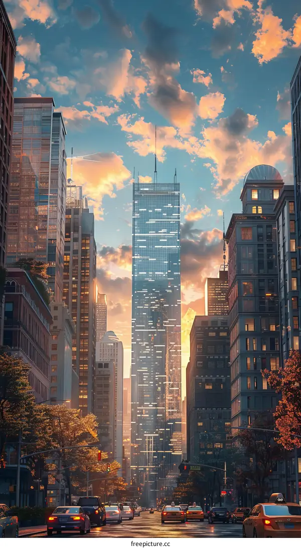 Cityscape Sunset Illustration of a Metropolitan Street