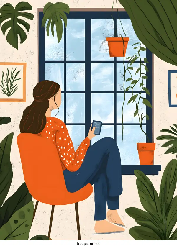 Woman Sitting by the Window with Plants