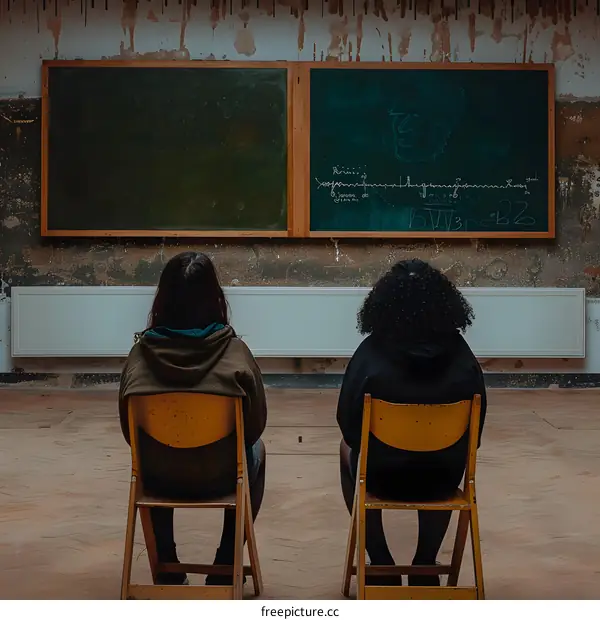 Two Young Women Sit in Front of Chalkboards in an Old Classroom