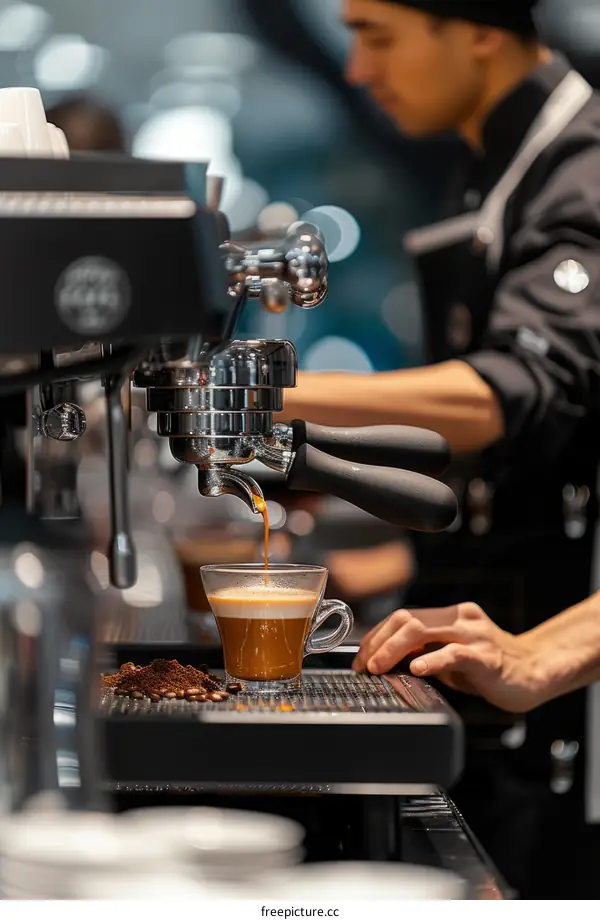 Barista making coffee with an espresso machine