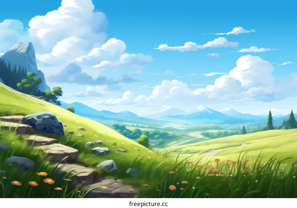 Fantasy Green Rolling Hills Landscape with Path