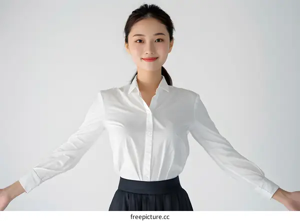 Young Asian Woman in White Shirt and Black Skirt