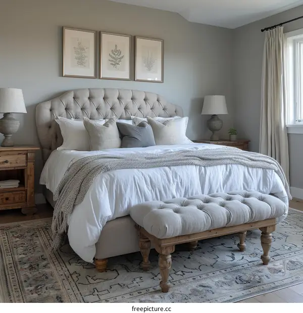 Elegant master bedroom with a tufted bed, upholstered bench, and botanical prints
