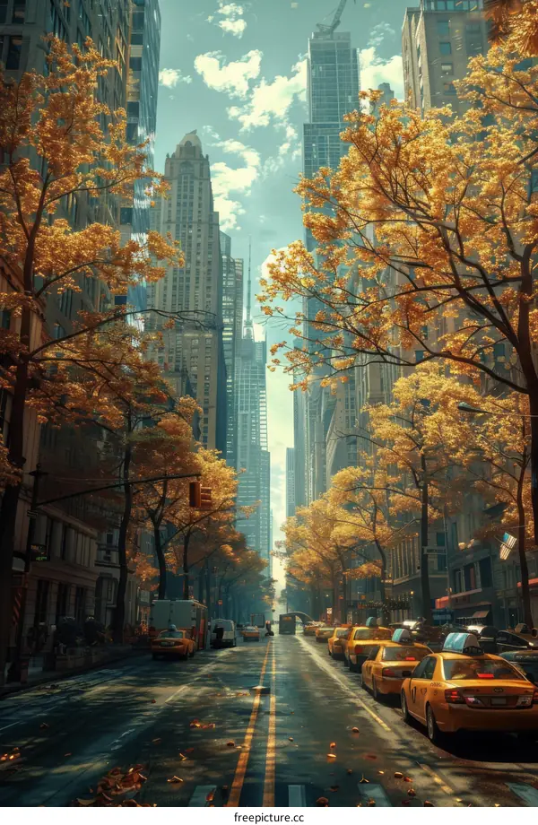 Autumnal City Street Scene with Yellow Trees and Cars