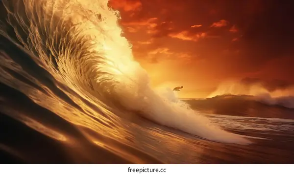 Surfer rides a huge wave