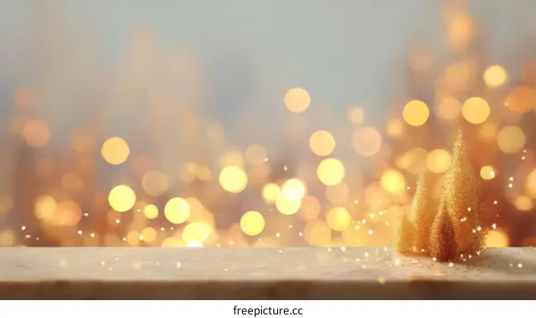 Golden Christmas Trees on a Marble Surface with Festive Bokeh