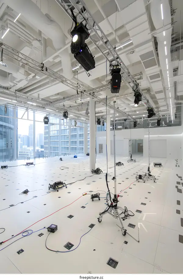 Empty Modern Studio with White Floor and City View