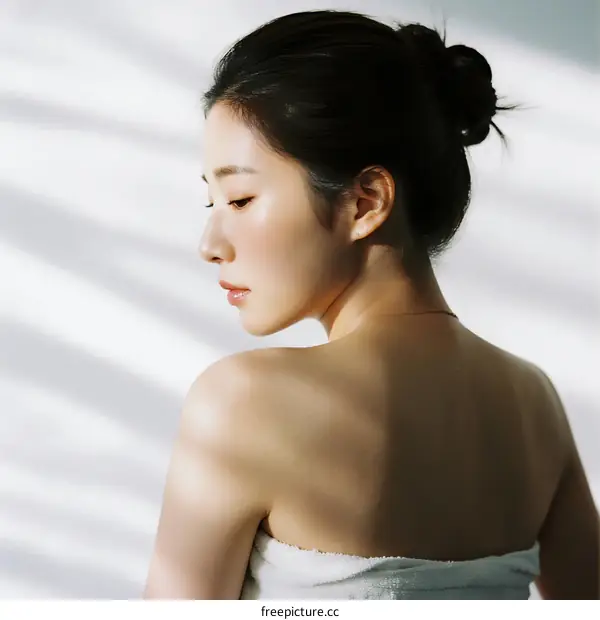 Young Asian Woman with Hair Bun and Bare Shoulders
