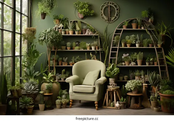 Indoor plants and flowers in pots and shelves in a home
