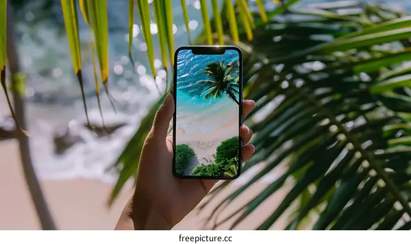 Hand Holding Phone With Beach Scene