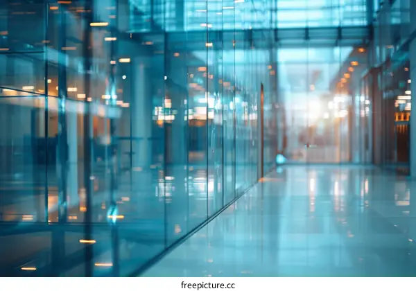glass walkway in a modern building with blue glass walls and reflections of light