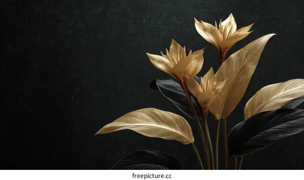 Golden Exotic Flowers on Dark Background