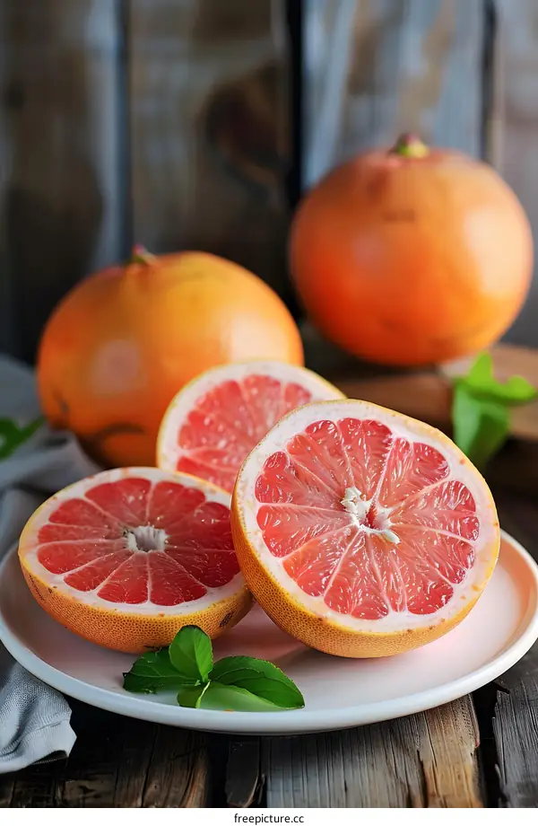 Fresh Ripe Grapefruit Slices on a White Plate