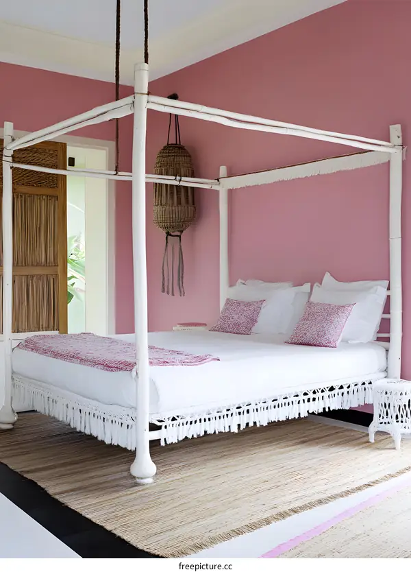 White Canopy Bed With Pink Wall and White Fringe