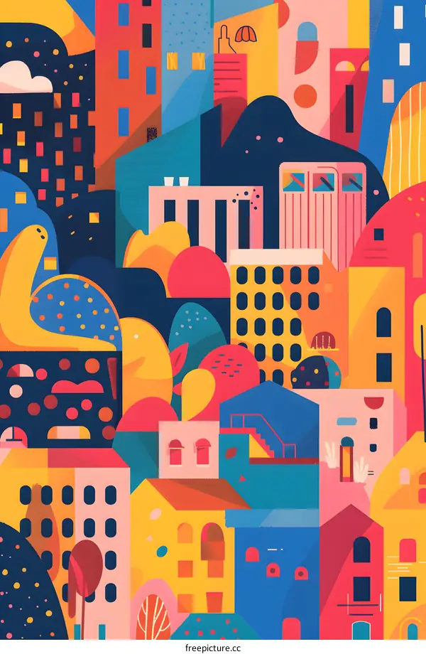 Abstract Cityscape with Colorful Buildings and Geometric Shapes