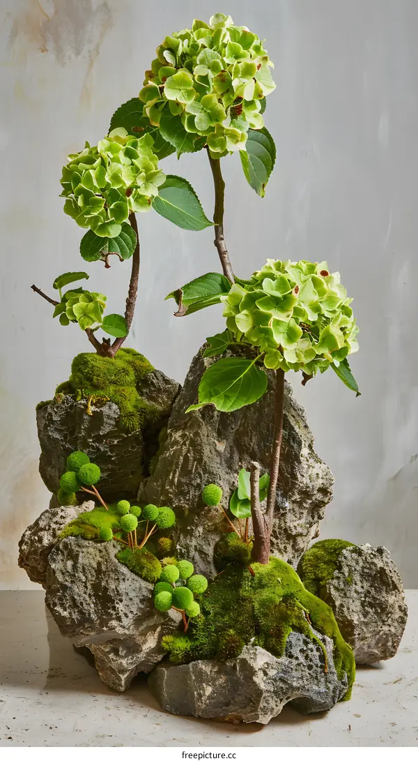 Green Hydrangea Flowers with Mossy Rocks