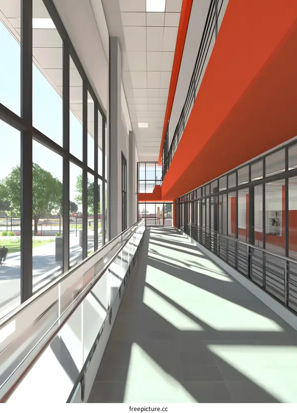 Modern Interior Design Of School Hallway With Red Wall