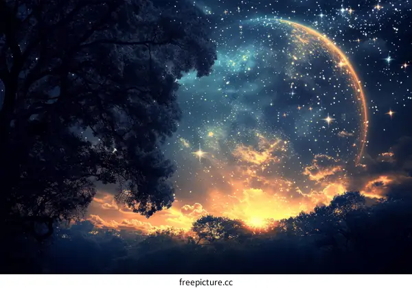 Fantasy landscape with a starry night sky and a large tree in the foreground