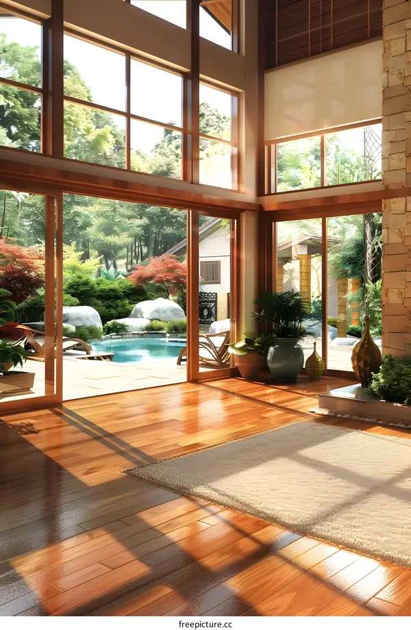 Modern House Interior Design with Large Windows and Wooden Floor