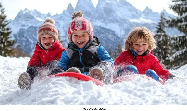 Children Snow Sledding in Winter Mountains