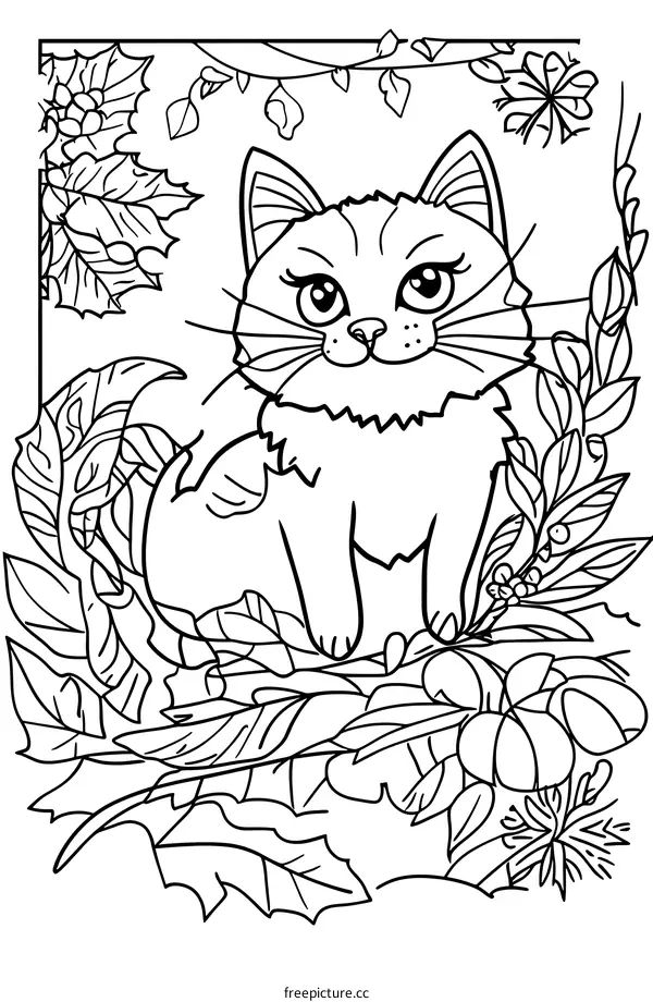 Cute Cat Coloring Page With Leaves