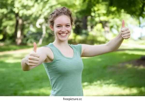 Happy Woman Giving Thumbs Up in a Park
