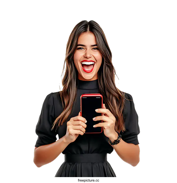 [Transparent Background PNG]Excited Woman Holding Smartphone Portrait