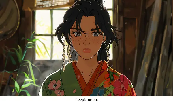 Anime Girl in Traditional Japanese Clothing Posing in Front of a Window