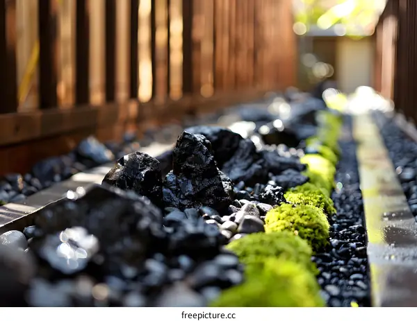 Closeup of Black Rocks and Green Moss in a Japanese Garden