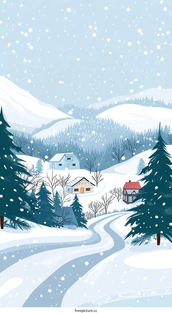 Snowy Winter Landscape Illustration With Houses and Pine Trees