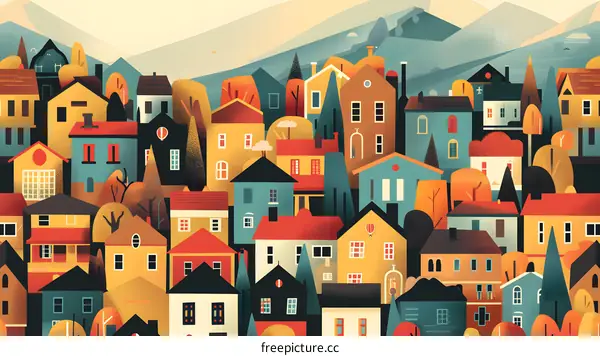 Colorful Illustration of a Small Town in the Fall