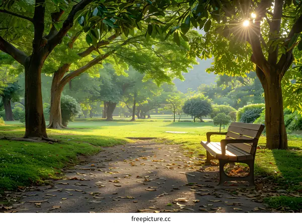 Peaceful Morning Park Bench with Sunlight Shining Through Trees