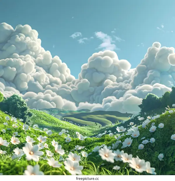 White flowers bloom on the hillside