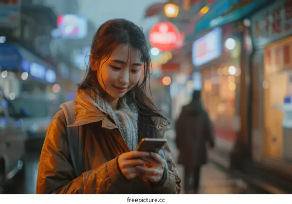Asian woman using smartphone in the rain