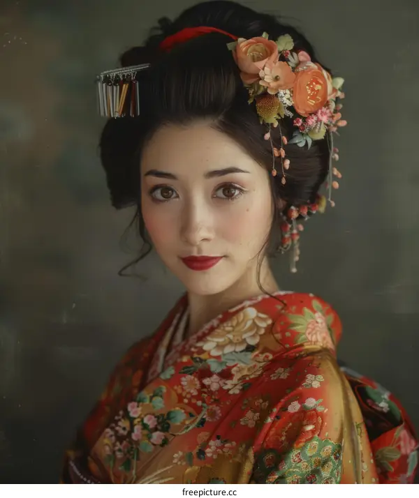 Portrait of a Young Woman in Traditional Japanese Kimono with Flowers in Hair