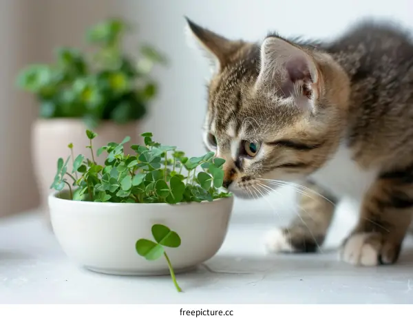 A curious tabby kitten sniffs at a bowl of green shamrocks