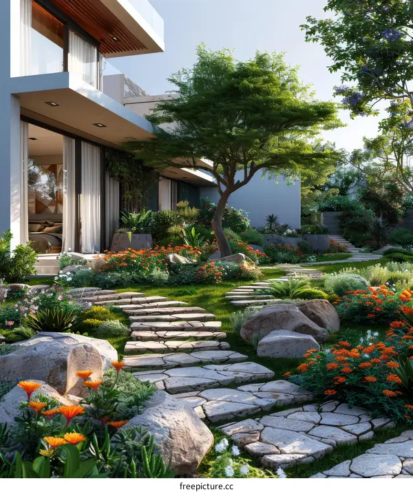 Modern Villa Garden Landscape Design with Lush Greenery