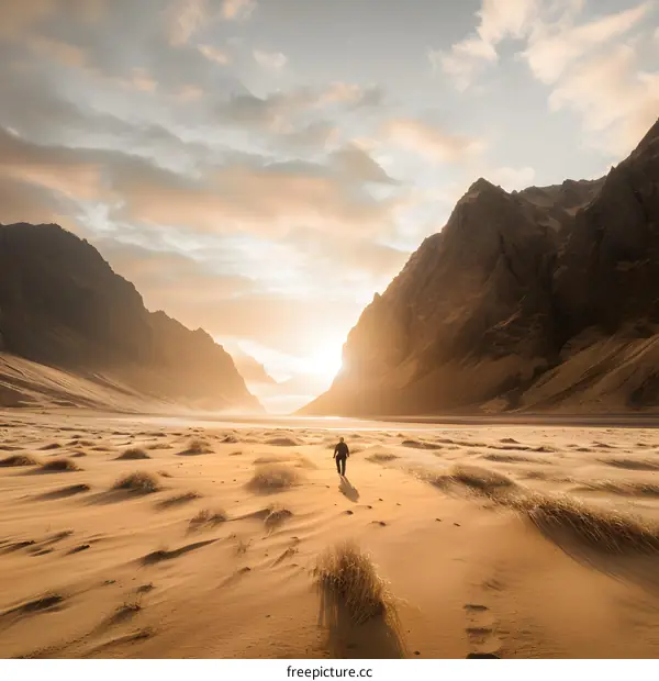 Man Walking Towards the Sunset in a Desert Valley