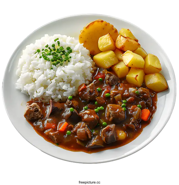 [Transparent Background PNG]Stew with Rice and Potatoes on a Plate