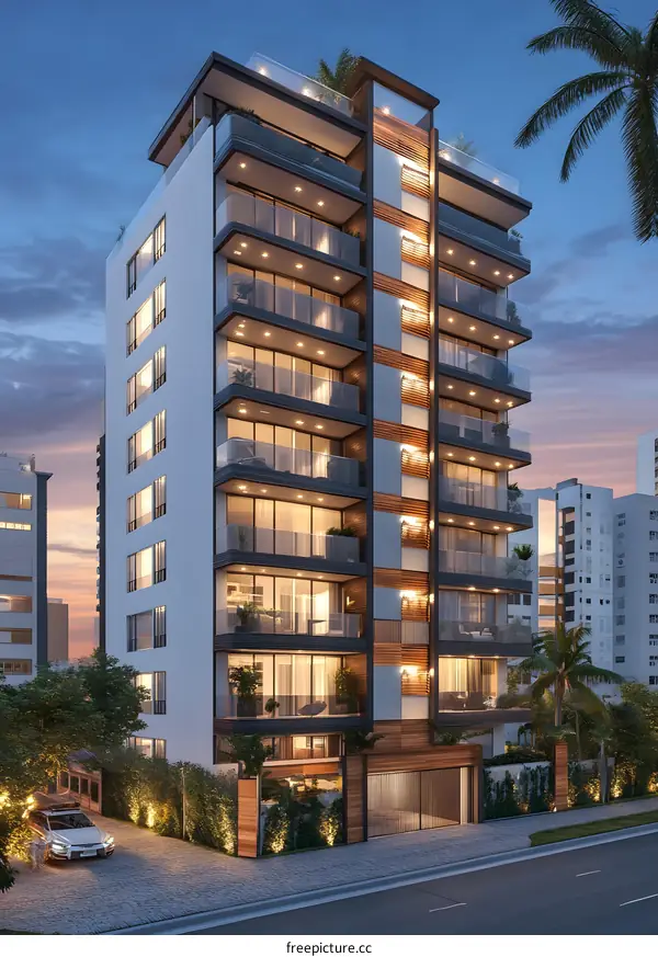 Modern Apartment Building with Wooden Accents and Balconies
