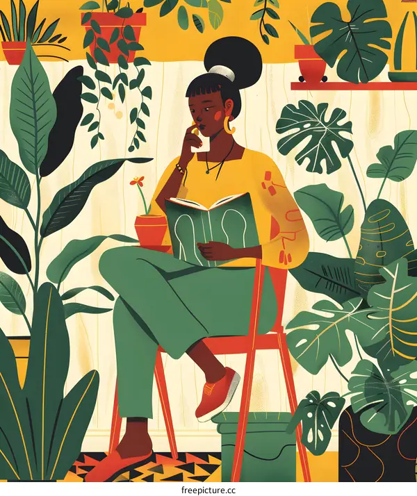 Woman Reading Book Surrounded By Plants