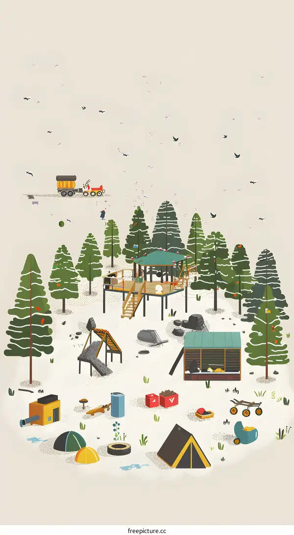 Illustration of a Campsite in the Forest with Tents, a Treehouse, and a Truck