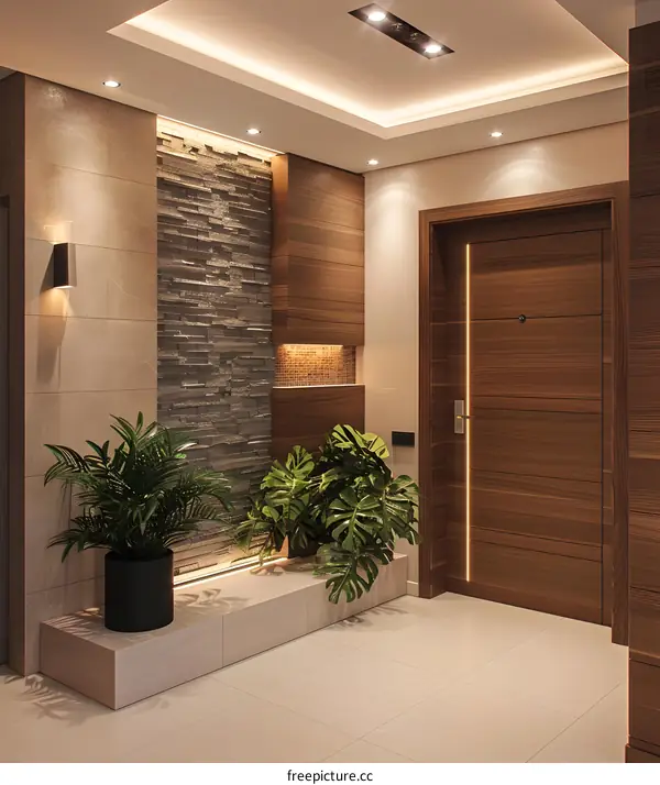 Modern Entrance Hallway With Stone Wall, Plants, And Wooden Door