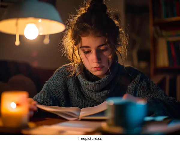 Young woman reading a book in the library