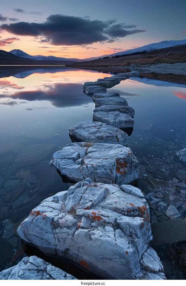 Stepping Stones Leading into the Distance on a Calm Lake at Sunset