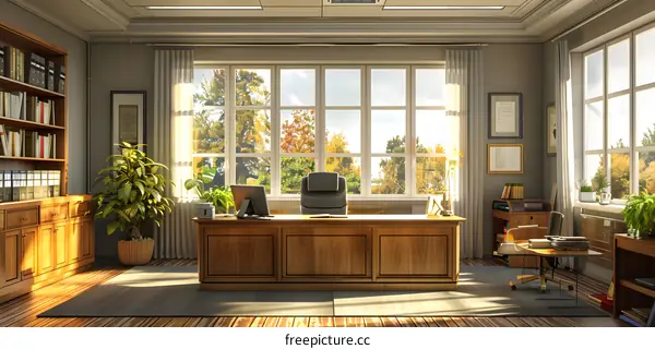 An elegant home office with a large desk and a comfortable chair